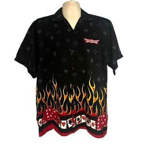 Mens Vintage Retro Las Vegas Black Button Front Shirt Medium Flames Poker Dice